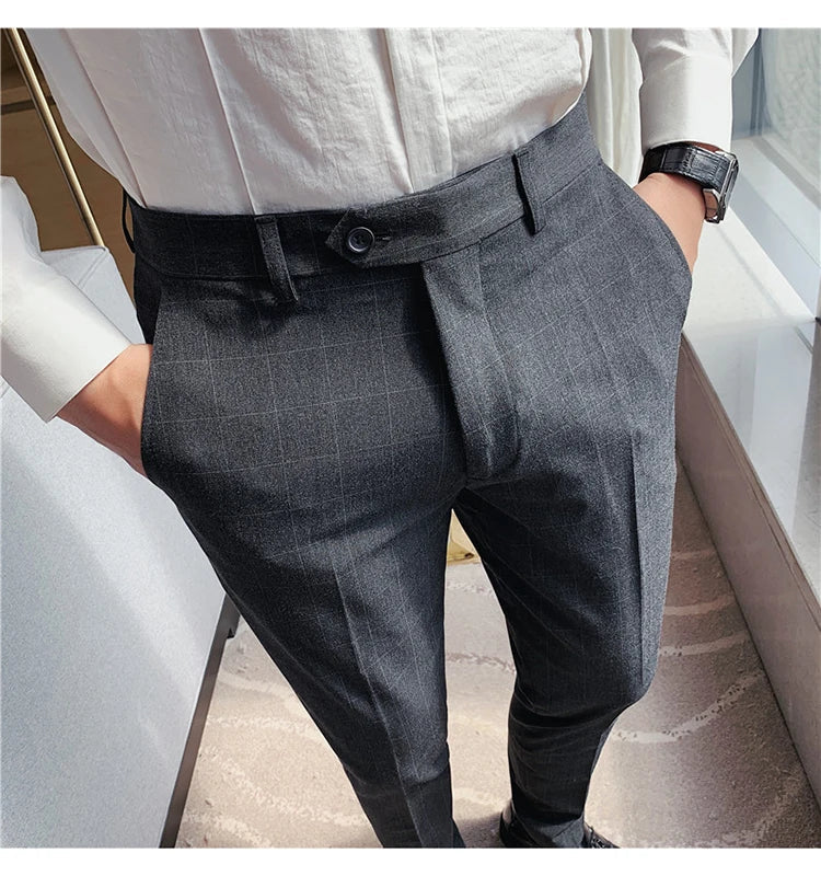 2026 High Quality Men's Plaid Striped Suit Pants Fashion Business Slim Fit Casual Straight Pants Formal Wedding Party Trousers