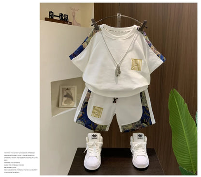 Korean Clothes for Children Boys T-shirt Shorts 2-piece Set Summer Cotton Short Sleeve Kids Clothes Sets Baby Tracksuit 2-11Y