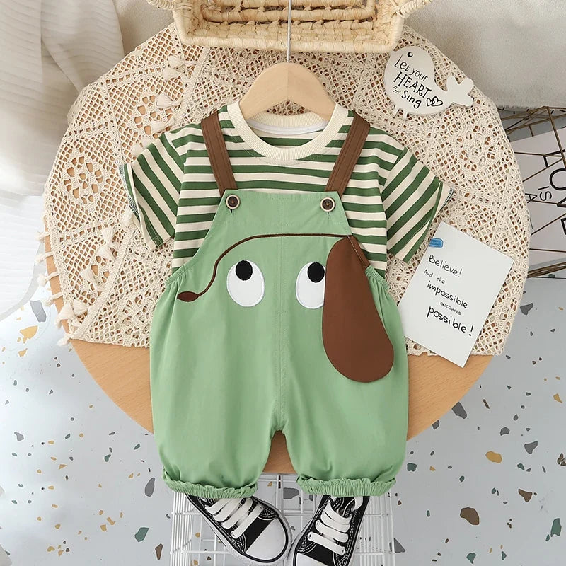 New Kids Baby Boys Girls Clothes For Summer Children Cartoon Striped T-Shirt Bib Pants 2Pcs/Set Toddler Fashion Tracksuits