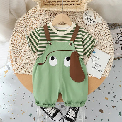 New Kids Baby Boys Girls Clothes For Summer Children Cartoon Striped T-Shirt Bib Pants 2Pcs/Set Toddler Fashion Tracksuits