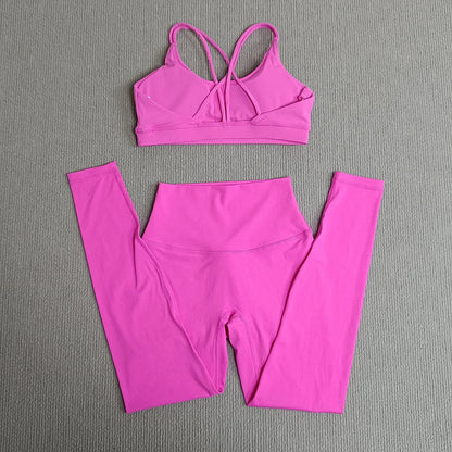 2 Pcs Women's Gym Tights Yoga Sports Set High Waist Leggings Cross Back Bra Top Fitness Running Workout Tracksuit