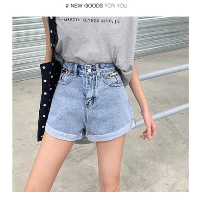 Summer 2024 Denim Shorts Women High Waisted Wide Leg Loose Crimping Blue Jeans Sequined Jean Shorts Female