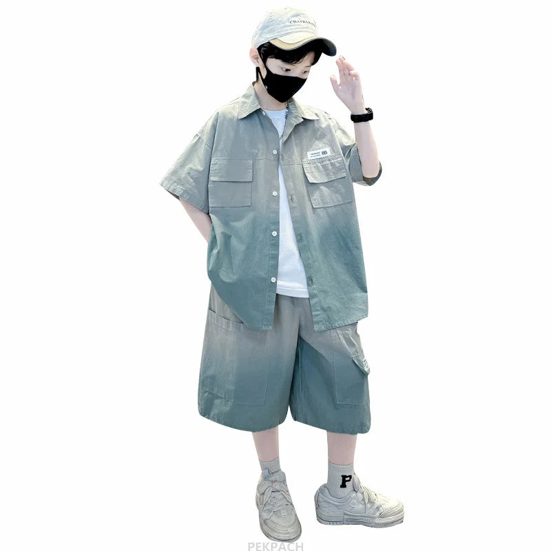 Loose Style Child Pocket Outfit Suit Cool Big Boys Summer Clothes Set Teens Kids Shirt+Shorts 2PCS Clothing Set Gradient Costume