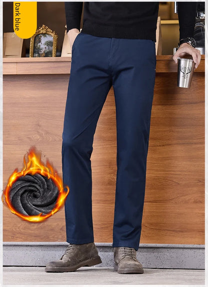 2025 Winter Fleece Pants Men's Pocket Fashion Thickened Cotton Stretch Comfort Plush Straight Business Pants Male