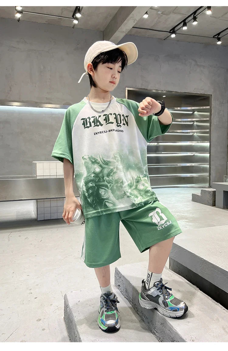 New Boys Clothing Sets Summer T-Shirt Short Sleeve+Shorts Kids Boy Sportsuit Children's Outfits Suit Teenager 5 6 8 10 12 14Yrs