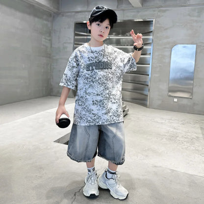 Baby Child Summer Cotton Suit With Shorts for Boy Leopard Print T-shirt + Denim Shorts Top and Bottom Clothes Set For Kids 2-14Y