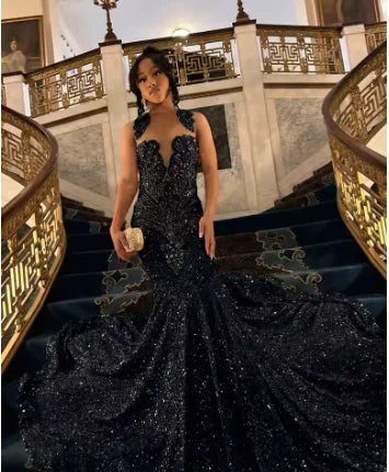 Elegant Gold Diamonds Long Prom Dress Luxury Beads Crystals Sequins Mermaid Birthday Wedding Party Gown Customized