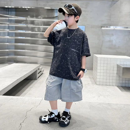 Summer Suit for Boy with Shorts Two Piece Clothing Set Kids Child Cotton Top and Bottom Clothes Set Casual Outfit Tracksuit 5-14
