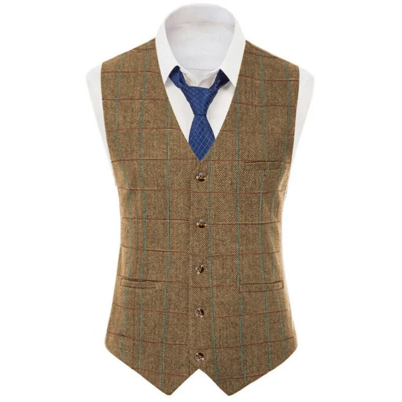 Men Vest Brown Checkered Vintage Slim Fit Jacket Wedding Groom Banquet Business Temperament Men Suit Vest