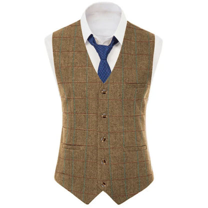 Men Vest Brown Checkered Vintage Slim Fit Jacket Wedding Groom Banquet Business Temperament Men Suit Vest