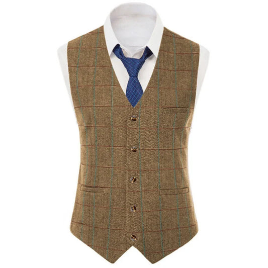 Men Vest Brown Checkered Vintage Slim Fit Jacket Wedding Groom Banquet Business Temperament Men Suit Vest