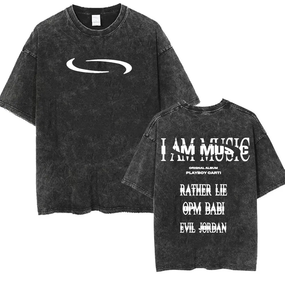Retro Washed Playboi Carti I AM MUSIC Logo T Shirt Opium Ken Carson Narcissist Tour Antagonist Rap T-shirts Men's Oversized Tees