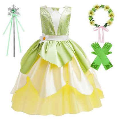 Tiana Costume Girl Dress Up Princess Girls Cosplay Role Playing Party Costumes Children Sleeveless Carnival Princess  Dresses