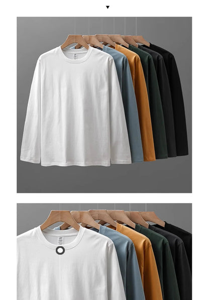 Men's 260G Long Sleeve T Shirts 2025 Spring Pure Cotton Solid Color Basic Crew-Neck Undershirt Men's Loose Tops 11 Color