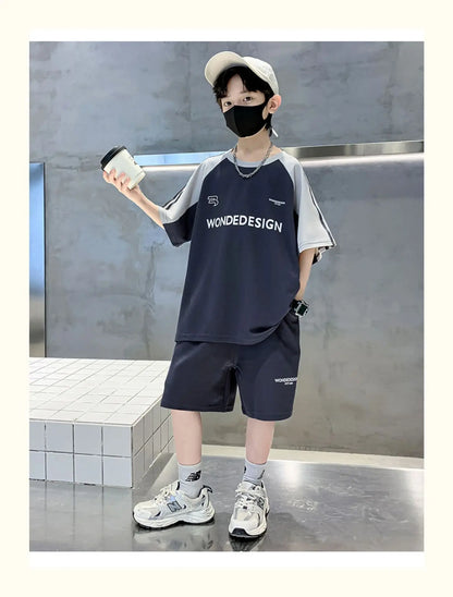 Summer Boys Cotton Loose Contrast Alphabet T-Shirt Tops+Shorts Pant School Kids Tracksuit Child 2PCS Outfit Workout Set 5-16 Yr
