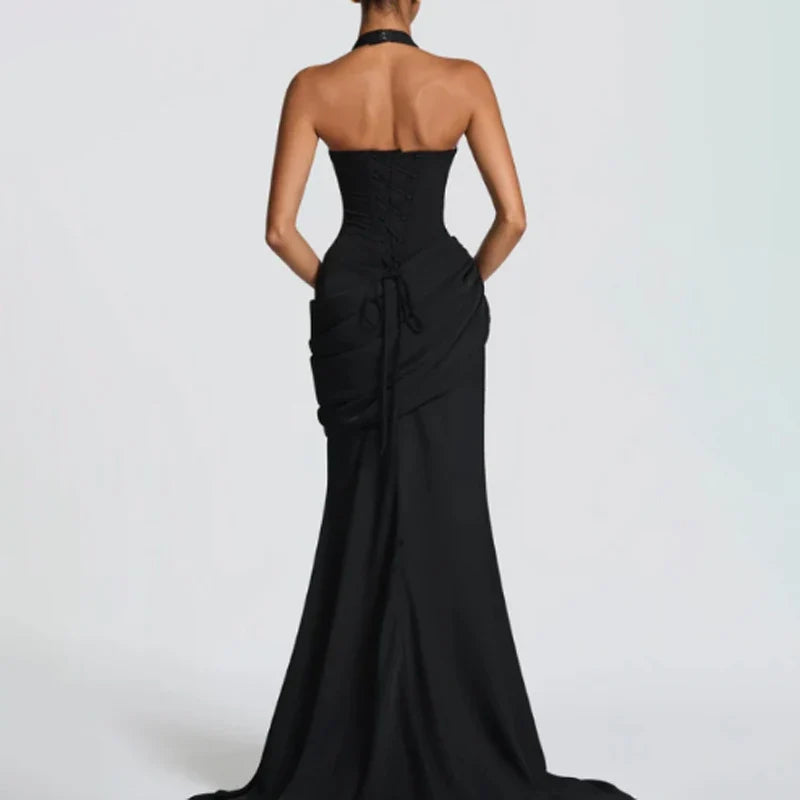 Women Strapless Pleated Long Dress Elegant Solid Split Sleeveless Backless High Waist Slim Fit Maxi Dresses 2026 Lady Party Robe