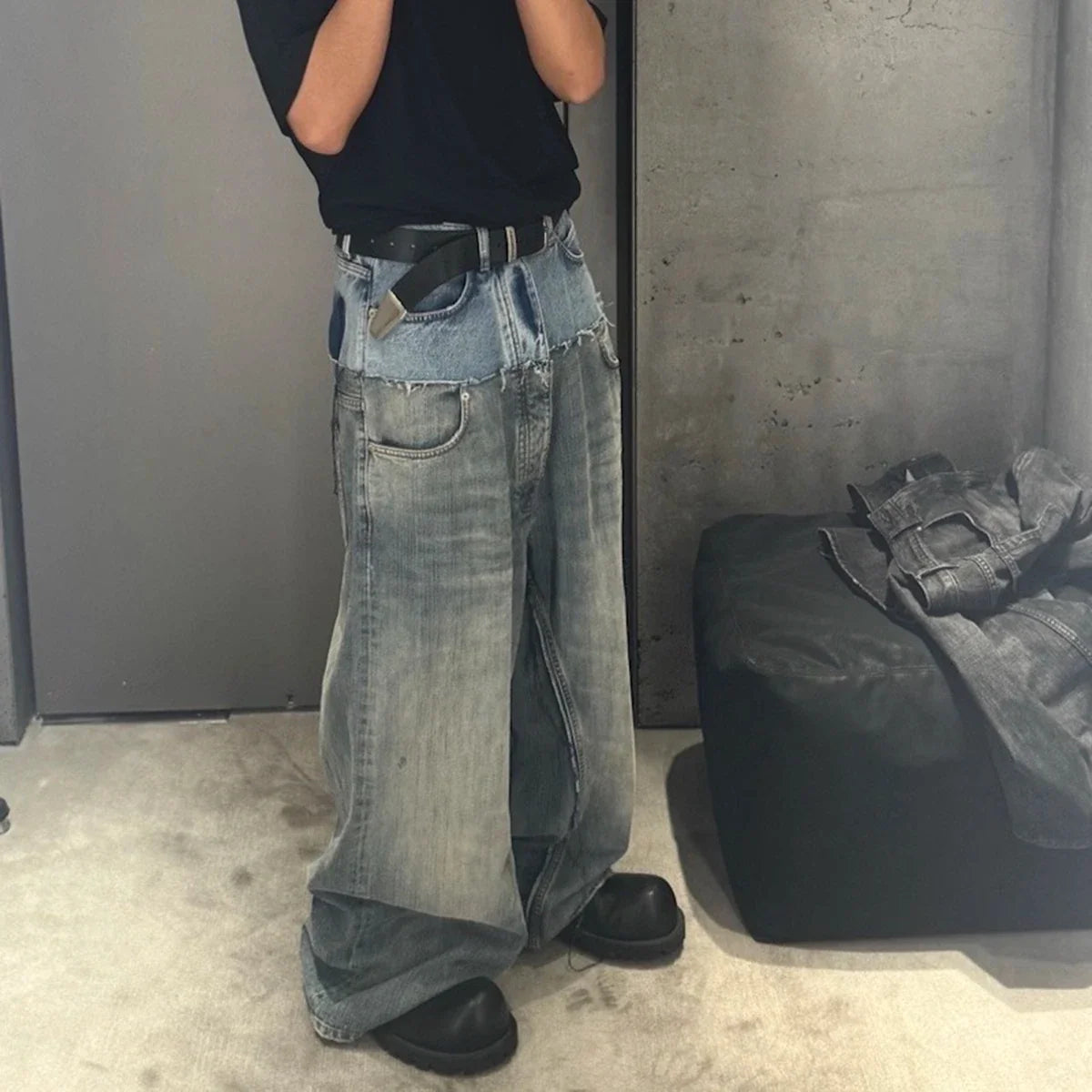 Double-layer Double Waist Patchwork Baggy Jeans for Men and Women Straight Casual Loose Denim Trousers Oversized