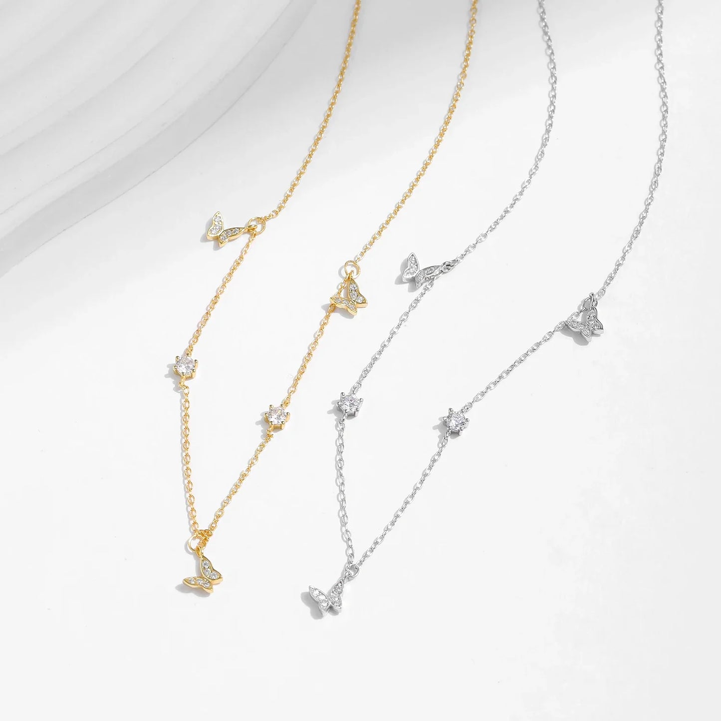 Flying Butterfly CZ Necklace 925 Sterling Silver Simple Link Chain Charms White Gold Plated Necklaces For Women Jewelry