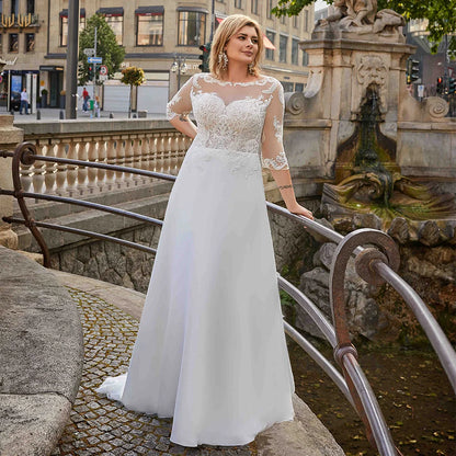 Summer Wedding Dress Plus Size Customized Scoop Neck 3/4 Sleeves Lace Applique See-through A Line Chiffon Beach Bridal Dresses
