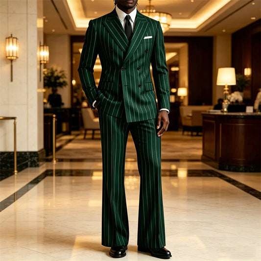 Men's 2 Piece Suit Pinstripe Double Breasted Peak Lapel Slim Fit Flared Pants Wedding Prom Business Formal Parties Chic Outfit