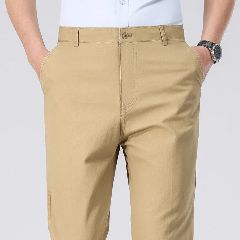 Men's American Chino Pants Double Pleated Classic Fit Dress Pant Business Casual Golf Pants Pure Cotton Trousers