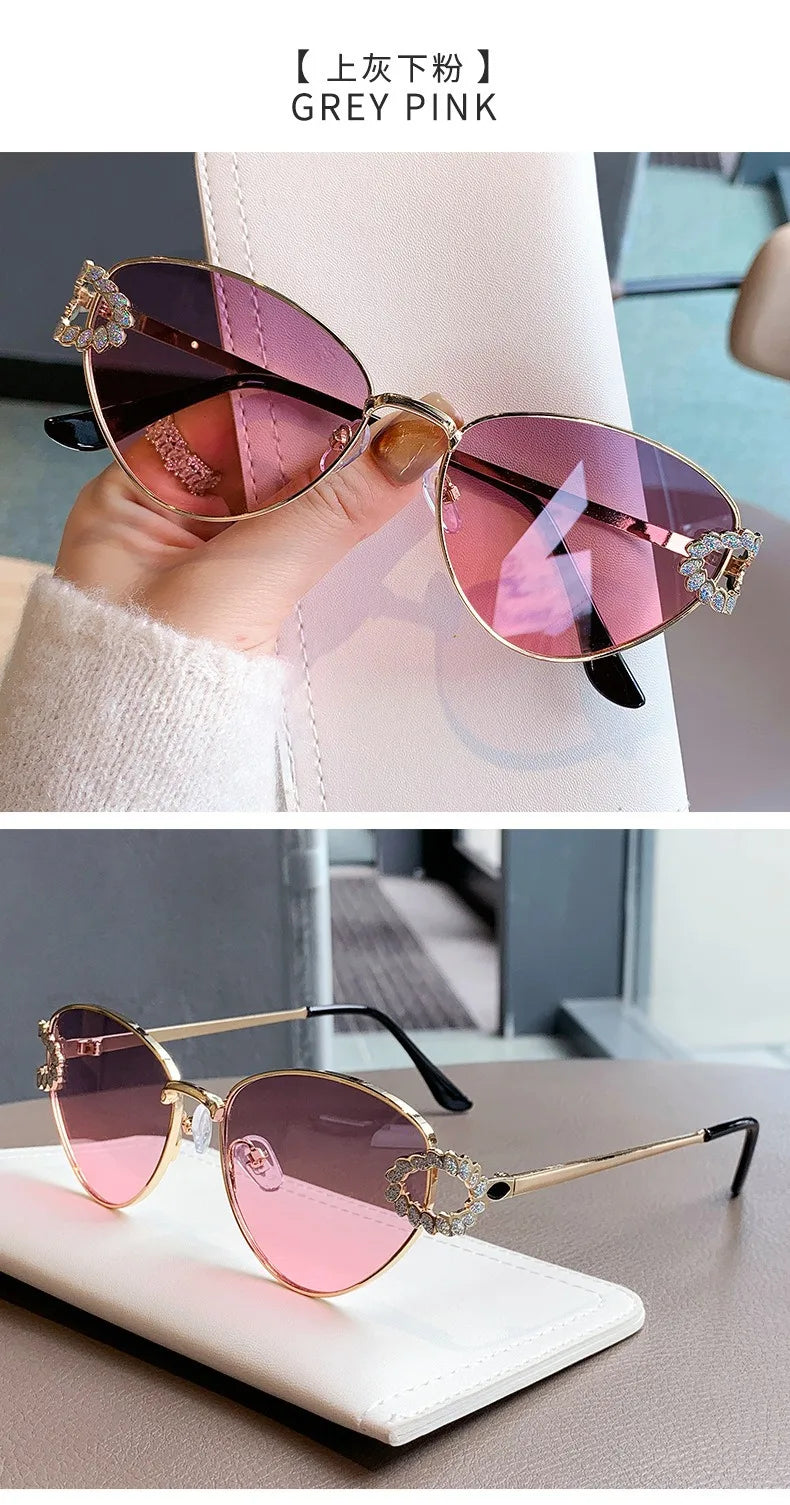 2026 Women Elegant Oval Metal Frame Cat Eye Sunglasses Hollow Rhinestone Wreath Temple UV Protection Gradient Lens Sun Shades