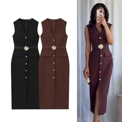 Black Elegant Party Midi Dresses 2026 Women's Summer Sleeveless Long Dresses Fashion Casual Vintage Evening Party Dress  ﻿