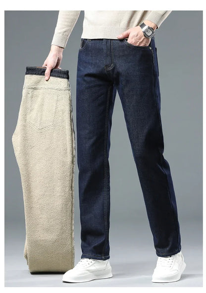 Winter Warm Fleece Jeans Men 2023 Straight Stretch Thick Casual Thermal Denim Pants Male Business Work Trousers New Men Clothing
