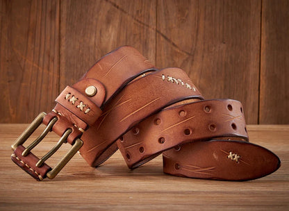 3.8CM Original Genuine Leather Army Tactical Belt Double-needle Buckle Men's Belt Washed Water Made Old Macho Jeans Belt