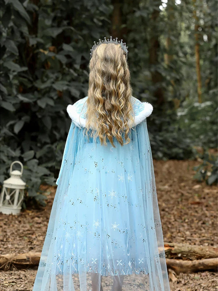 Girls' Spring 2026 New Velvet Elsa Frozen Princess Dress Kids Blue Cape 2 Piece Set Warm Dresses For Girl Party 3-9 Years Old ﻿