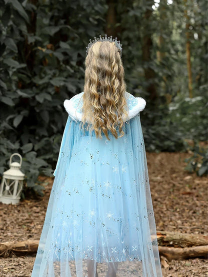 Girls' Spring 2026 New Velvet Elsa Frozen Princess Dress Kids Blue Cape 2 Piece Set Warm Dresses For Girl Party 3-9 Years Old ﻿