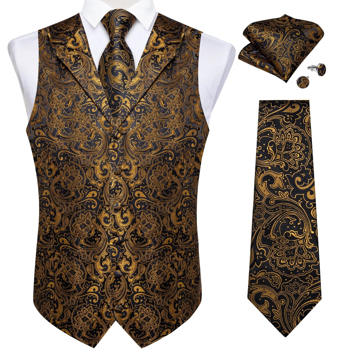 Men's Suit Vest Neck Tie Set Black Paisley Waistcoat for Wedding Party Tuxedo Suits Luxury Sleeveless Jacket DiBanGu