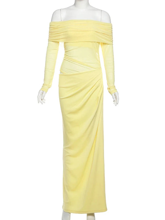 Sexy Dress Women 2025 Spring Patchwork Mesh Elegant Slash Neck Ruched Fit Chic Birthday Party Festival Vacation Vestidos