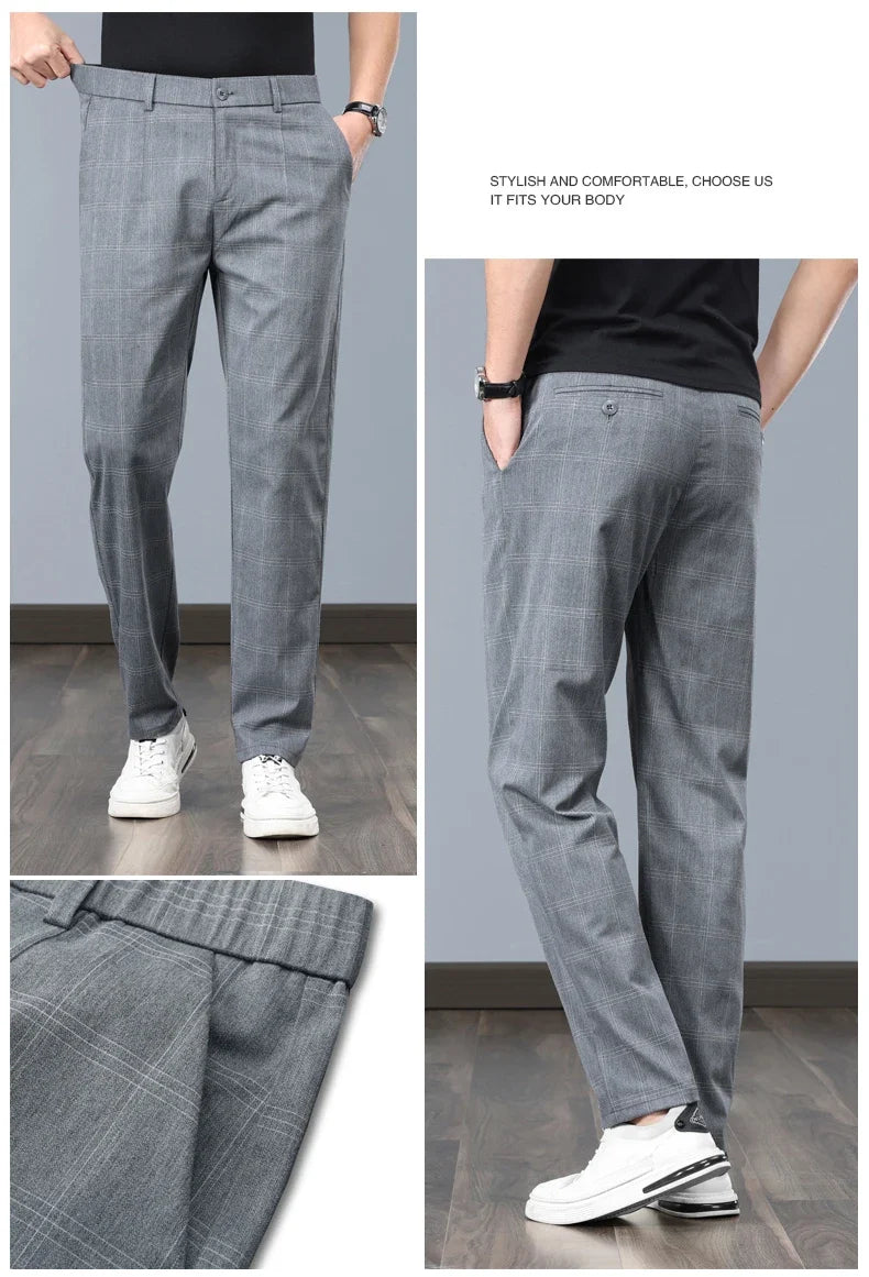 Summer Thin Plaid Formal Stretch Pants Men Slim Business Grey Black Casual Pant Fashion Male Clothing England Trousers