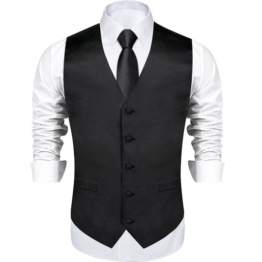 Black Satin Solid Suit Vest with Tie and Pre-tied Bow Tie Set Purple Blue Sage Green Wedding Party Men's Waistcoat DiBanGu