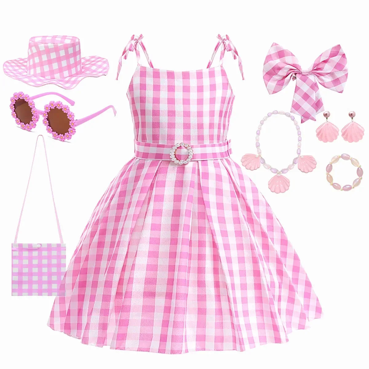 Halloween Hot Movie Barbei Baby Girl Pink Cowboy Look Dress Summer Beach Stripe Cute Sleeveless Plaid Slim Strap Dress Set