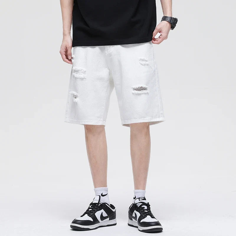 Summer New White Casual Men's Denim Shorts Ripped Fashion Loose Straight Street Bermuda Jeans Male Hole Short Pants