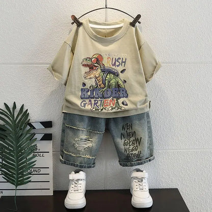 Korean Children's Summer Clothes Kids Set Outfits Boys 2026 Handsome Sleeveless&Short Sleeved T-shirt Denim Shorts 2-piece Set