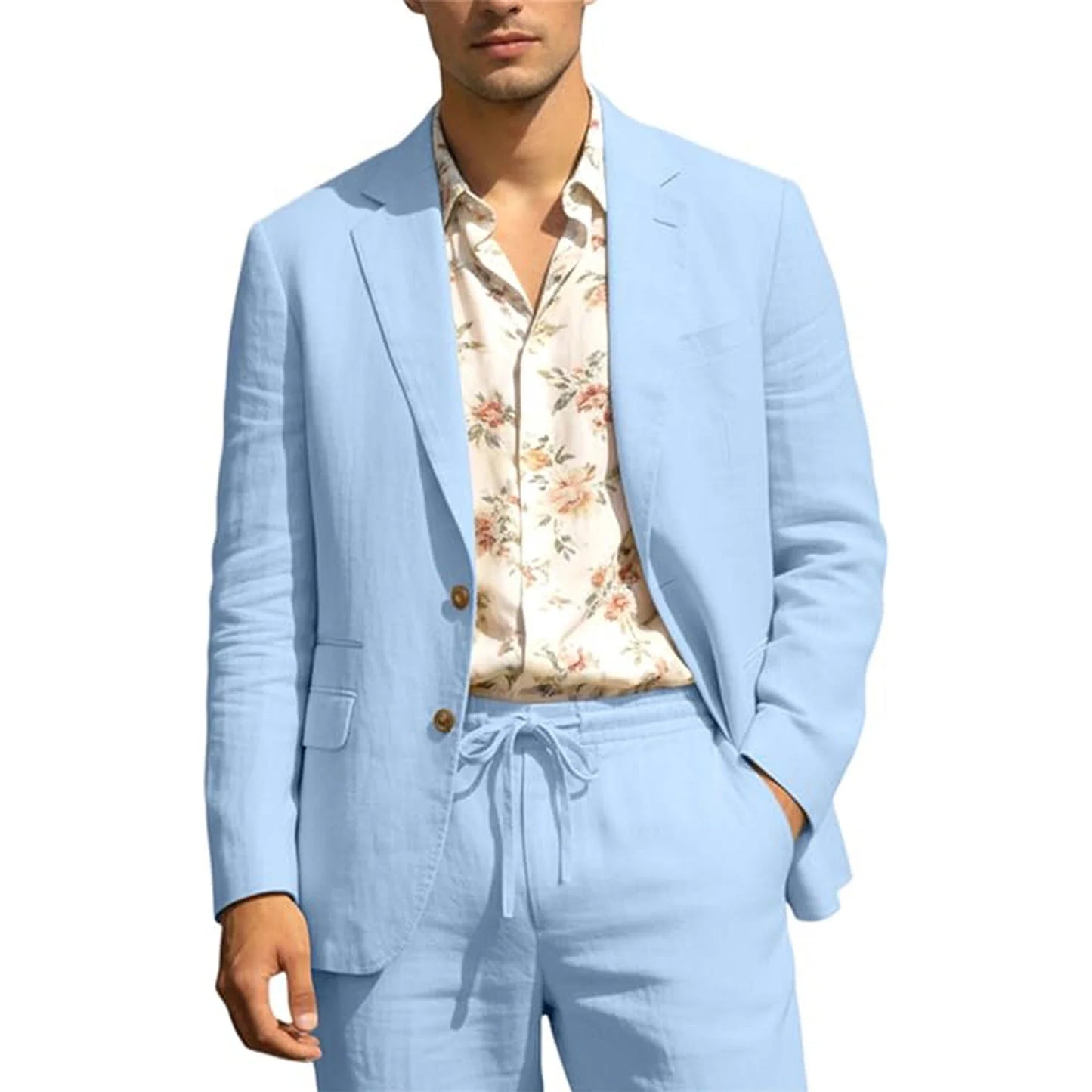 Men's Linen Suit 2 Piece Set Blazer & Drawstring Pants Business Casual Suit Jacket Trousers Summer Beach Wedding Formal Outfit
