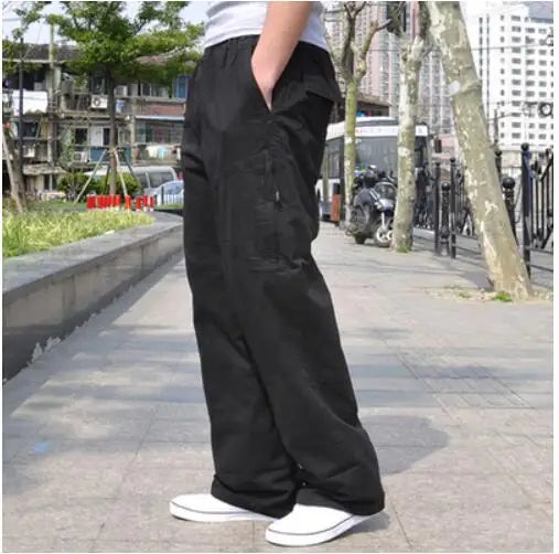 Spring Men cargo cotton pants pocket large size big 8XL 10XL 9XL 140KG loose out door casual safari style pants black 46 48 50