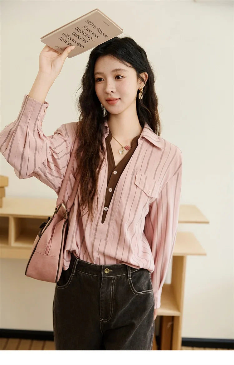 Peach Skin Velvet Stripe Shirt for Women Autumn 2025 Double Layered Collar Contrasting Color Shirt Commute Top MXE47C2408