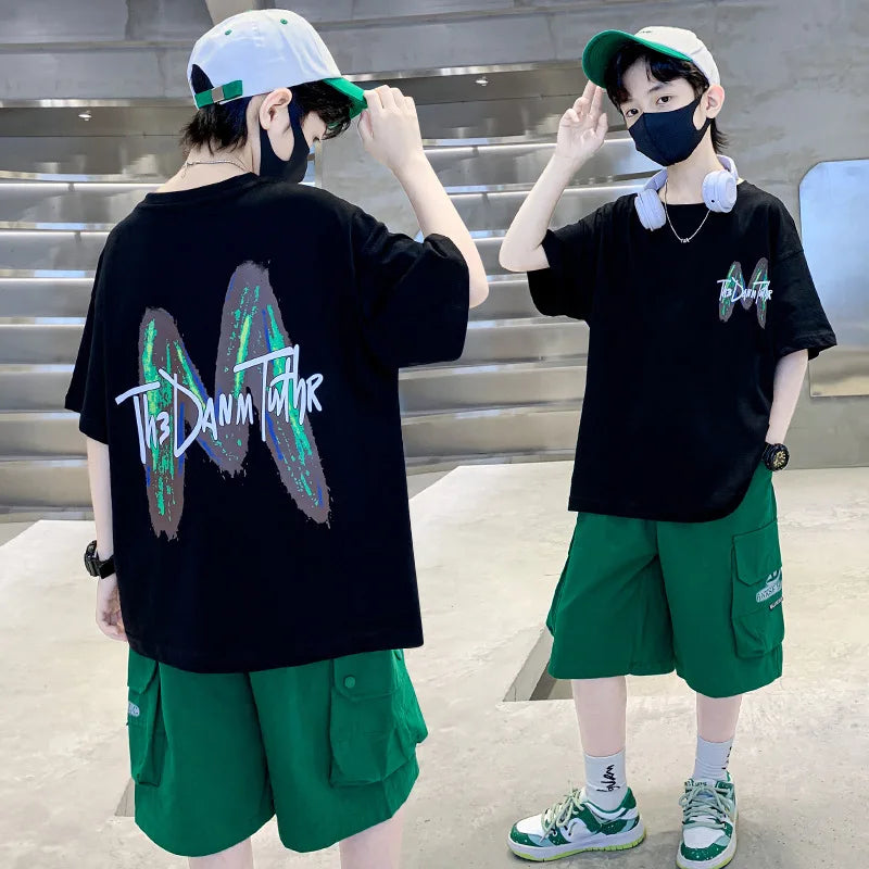 Summer Boys Cotton Leisure Loose Contrast Alphabet T-Shirt Top+Shorts Pant Set School Kids 2PCS Tracksuit Children Outfit 5-16Yr