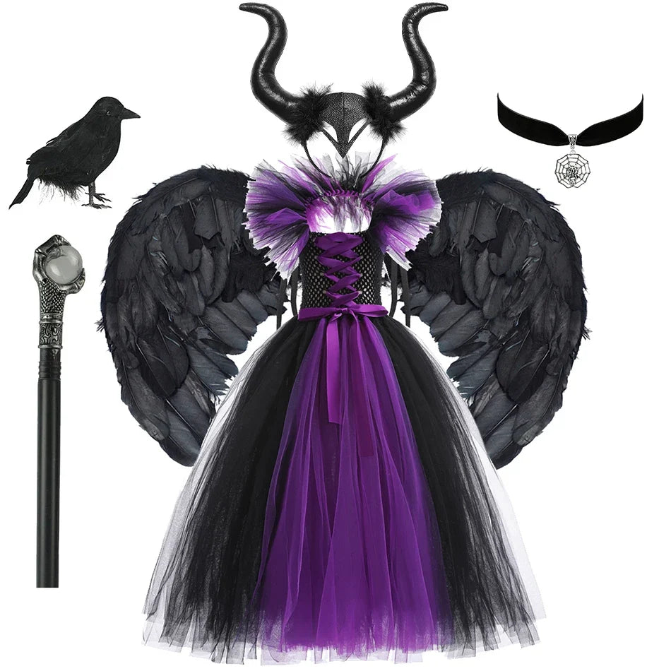 Maleficent Neck Dress Girls Halloween Theme Cosplay Costume Handmade Woven Tulle Dress Evil Role Playing Outfits Luxury Gown