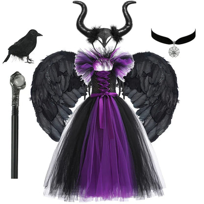 Maleficent Neck Dress Girls Halloween Theme Cosplay Costume Handmade Woven Tulle Dress Evil Role Playing Outfits Luxury Gown