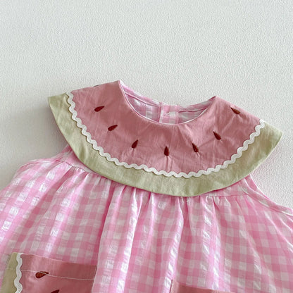 2026 New Summer Sweet Style Kids Dress Pink Watermelon Plaid Dress for Girls Sleeveless Lightweight Children Clothes