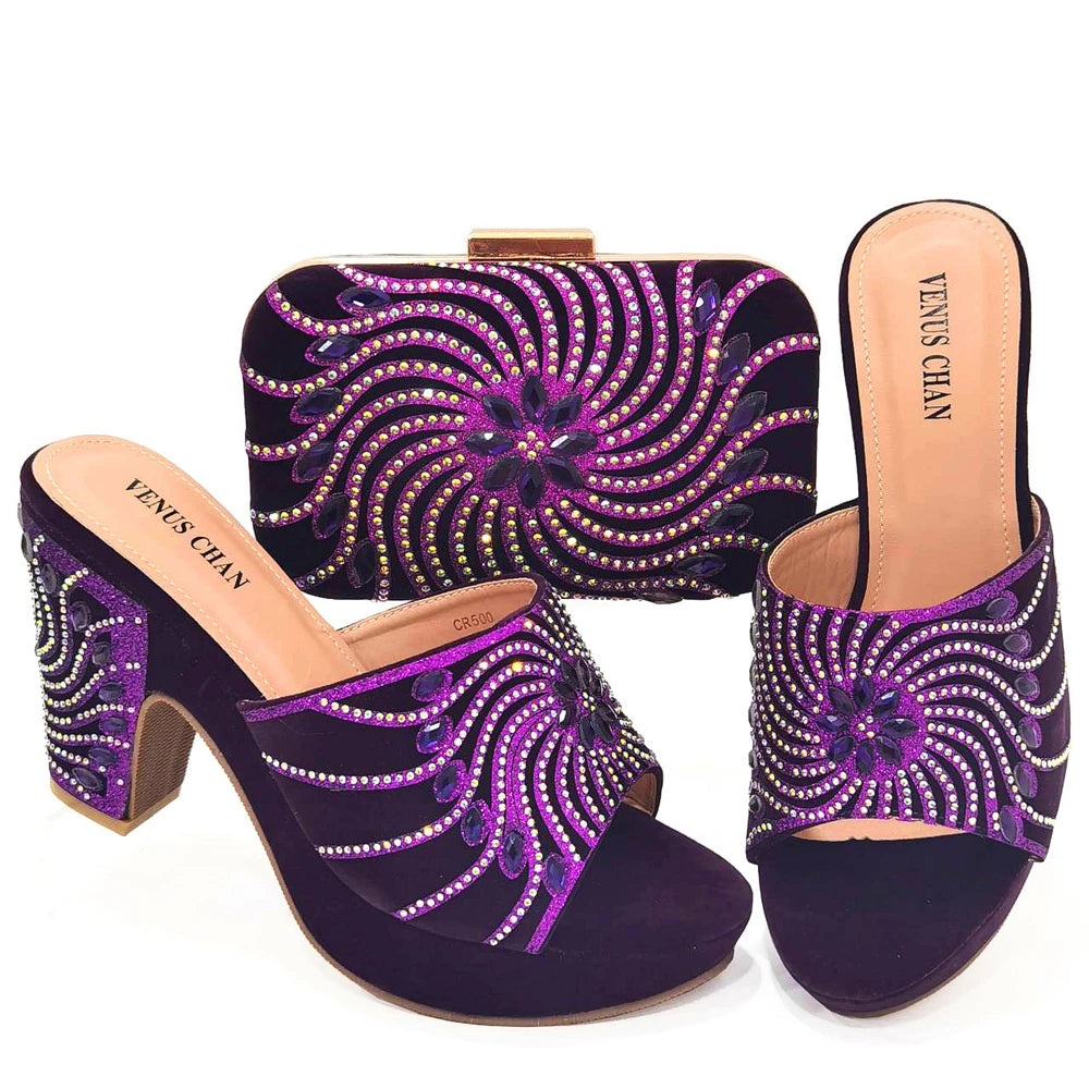 2023 The Latest Italian Design Rotary Rhine-Diamond Floral Thick Heel Platform Women's Comfortable Shoes Bag and Shoe Set