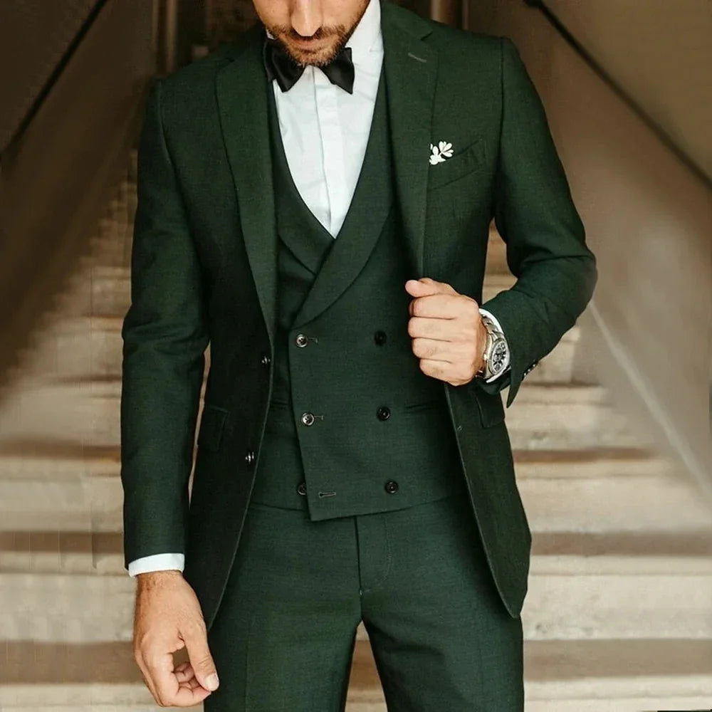 Green Men Suit Groom Tuxedos Party Suit Slim Fit Business Casual Jacket Sets 3 Piece(Blazer+Vest+Pants)Costume Homme