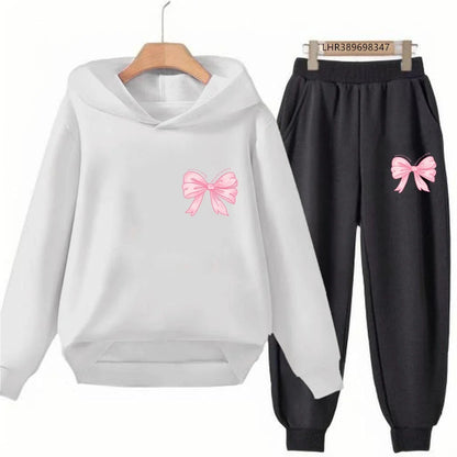 Fashion Kids Clothes Bow Print Children Hoodie 3-12 Years Boys Girls Red Pink Casual Tops+Pants Sets Long Sleeves Autumn