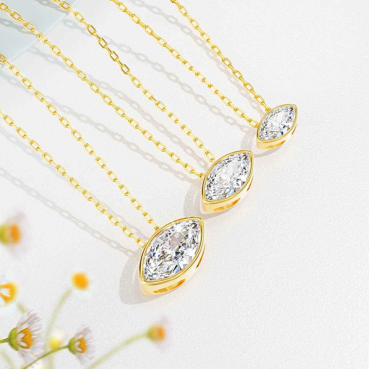 100% 14K Gold Marquise Cut Moissanite Pendant Necklace for Women Wedding Solitaire Choker Minimalist Luxury Collarbone Chain