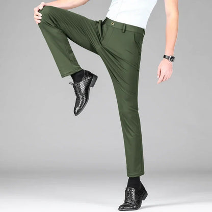 New Summer Men's Ice Silk High Stretch Business Suit Pants Male Army Green Blue Elastic Formal Office Straight Formal Trousers